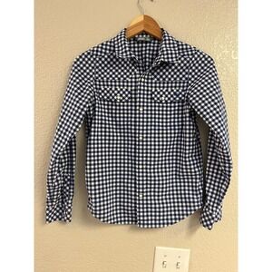 Stio Kids Eddy Shirt Navy White Gingham Plaid Long Sleeve Snap Button Size L 12